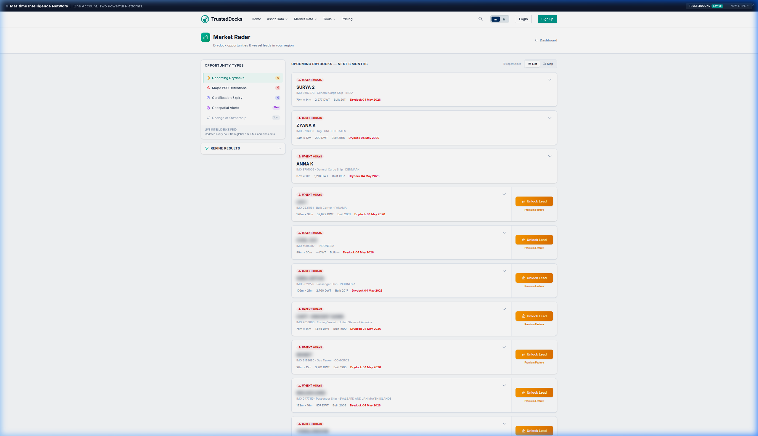 Market Radar — upcoming drydock leads sorted by proximity